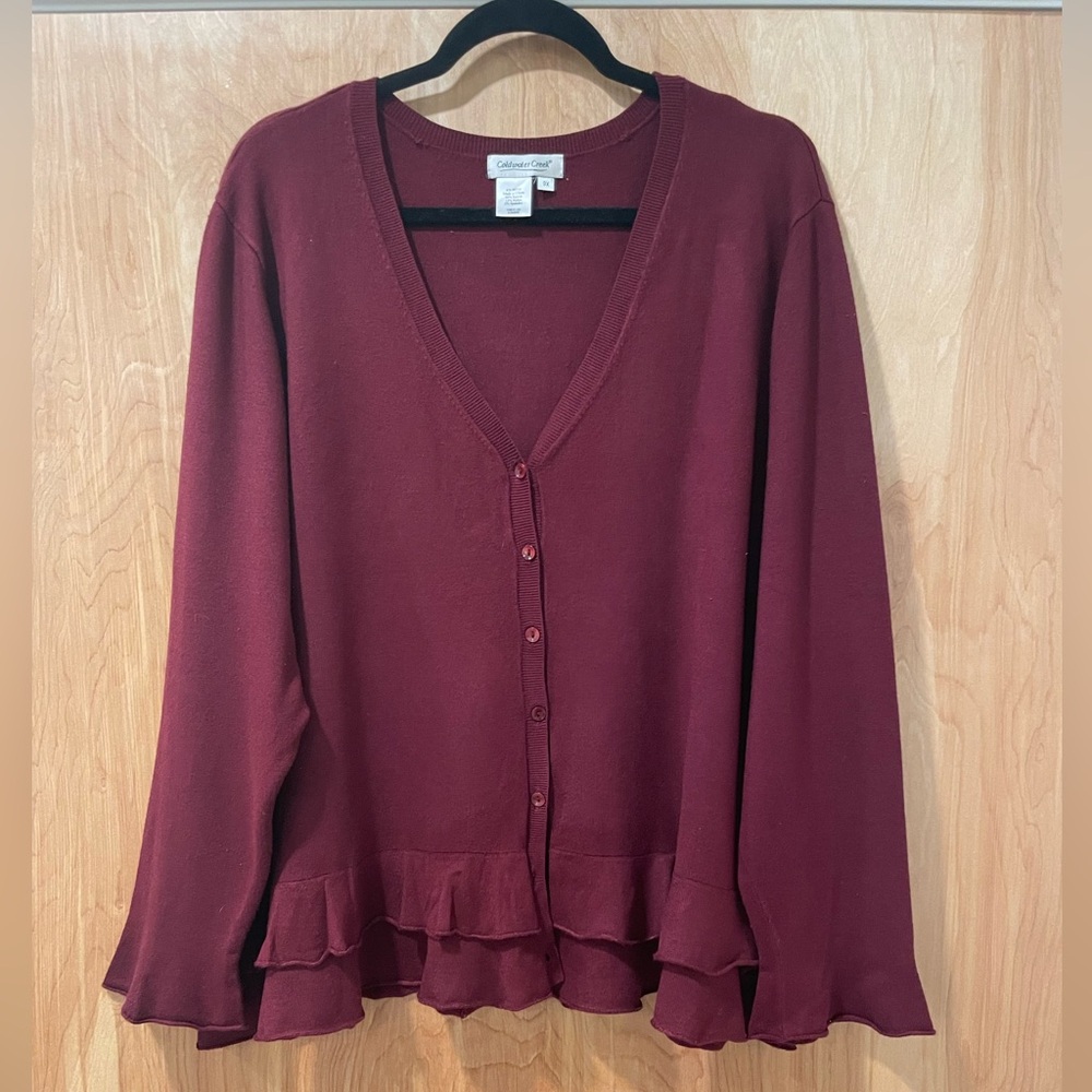 Coldwater Creek Deep Plum-Red Ruffled Cardigan